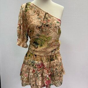 HEMANT & NANDITA One-Shoulder Floral Dress in Cream and Green